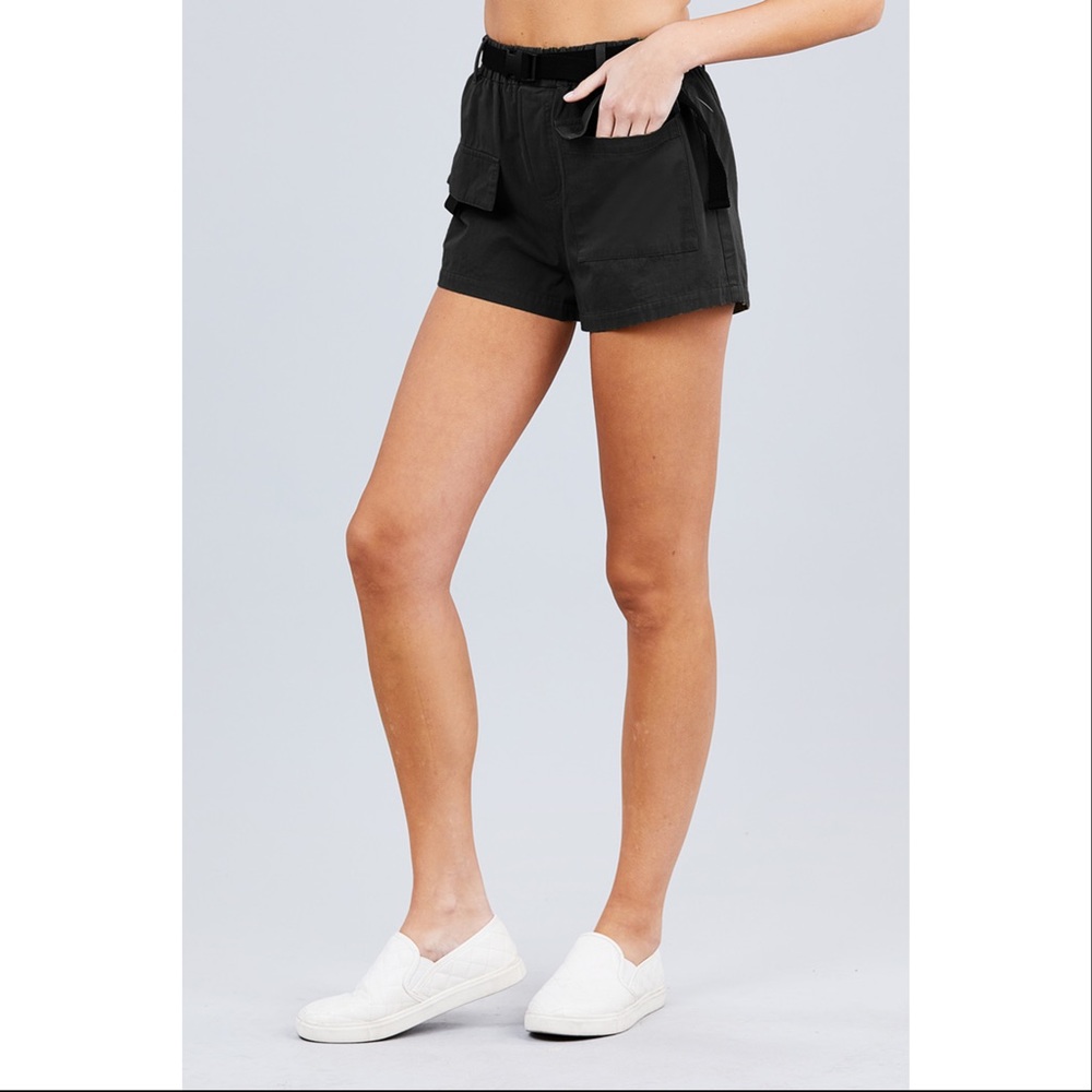 Black Belted Side Pocket Cargo Cotton Short Pants - Picture 3 of 6